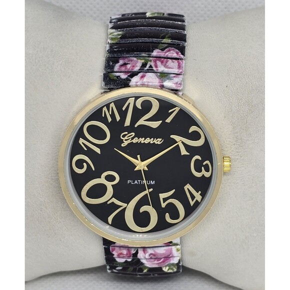 Geneva Accessories - Women's Geneva Platinum Round Gold Tone Metal Floral Stretch Band Watch 13